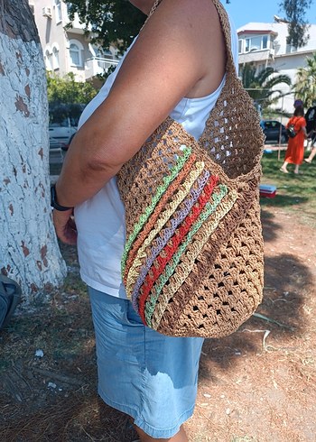 Çok Renkli Örgü Bohem Kadın Çantası - Görsel 5