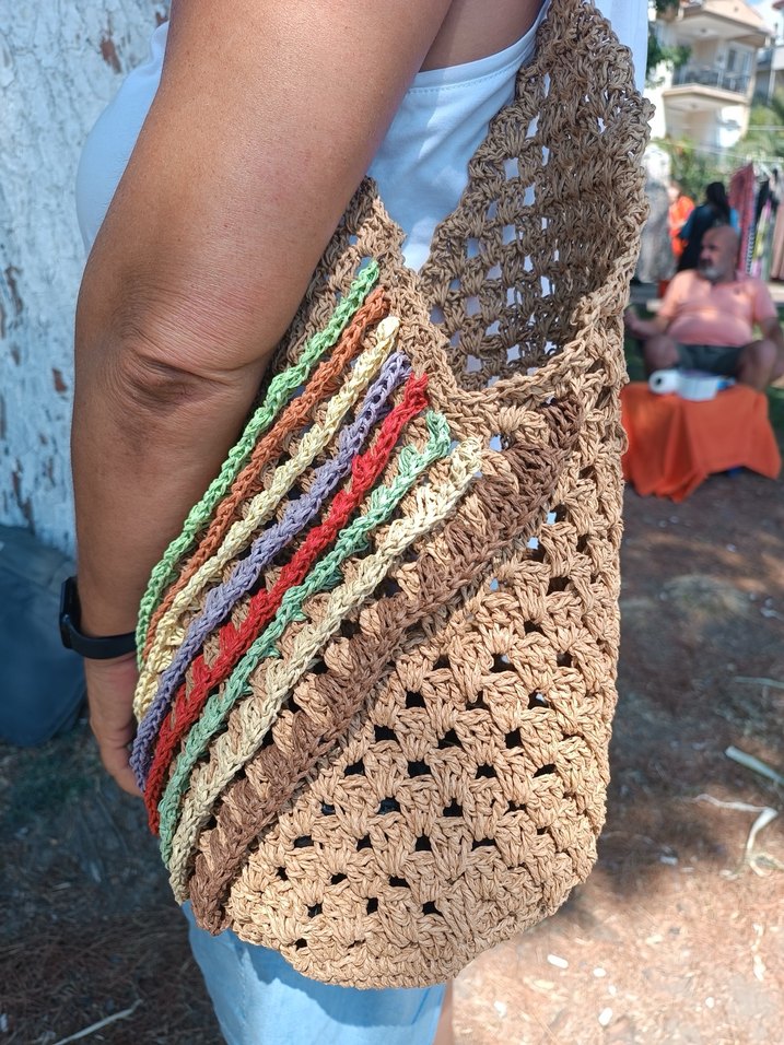 Çok Renkli Örgü Bohem Kadın Çantası - Görsel 2