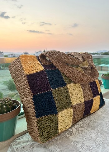 Renkli Kareli Örgü Kadın Çanta - Görsel 2