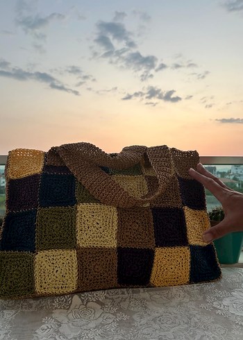 Renkli Kareli Örgü Kadın Çanta - Görsel 3