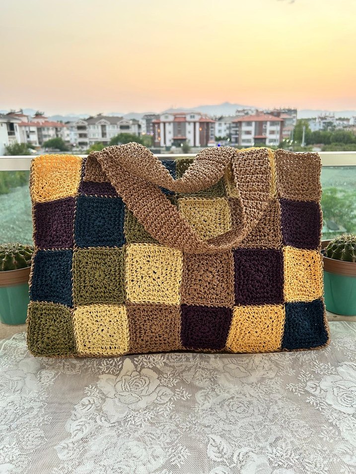 Renkli Kareli Örgü Kadın Çanta - Görsel 4