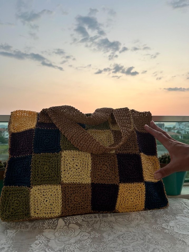 Renkli Kareli Örgü Kadın Çanta - Görsel 3