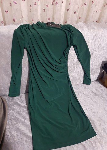 Uzun Kollu Drapeli Yeşil Mini Elbise - Görsel 4