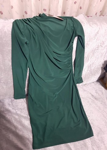 Uzun Kollu Drapeli Yeşil Mini Elbise - Görsel 6