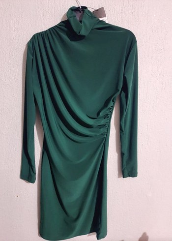 Uzun Kollu Drapeli Yeşil Mini Elbise - Görsel 2