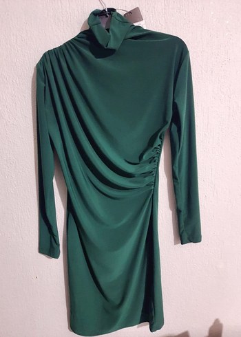 Uzun Kollu Drapeli Yeşil Mini Elbise - Görsel 3