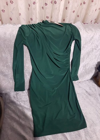 Uzun Kollu Drapeli Yeşil Mini Elbise - Görsel 5