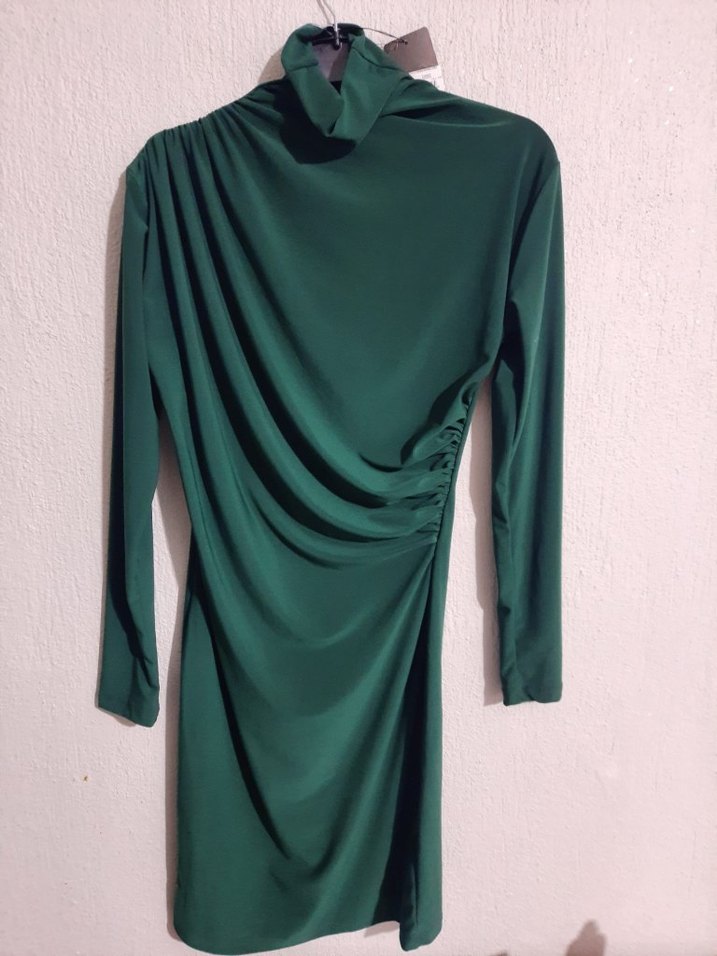 Uzun Kollu Drapeli Yeşil Mini Elbise - Görsel 2