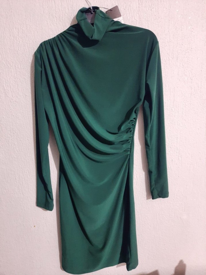 Uzun Kollu Drapeli Yeşil Mini Elbise - Görsel 3