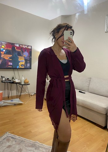 s Beden bordo Renk Bordo Midi Uzun Kollu Kuşaklı Kadın Hırka