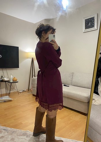 Bordo Midi Uzun Kollu Kuşaklı Kadın Hırka