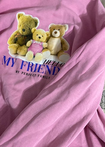 Pembe Peluş Ayı Aile Baskılı Sweatshirt - Görsel 5