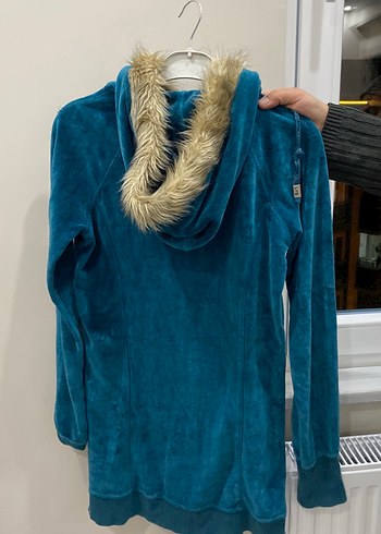 Fermuarlı Yaka Kürklü Mavi Kadın Ceket - Görsel 2