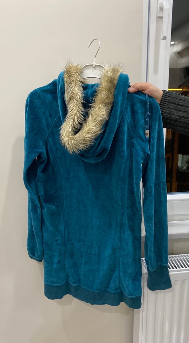 Fermuarlı Yaka Kürklü Mavi Kadın Ceket - Görsel 2