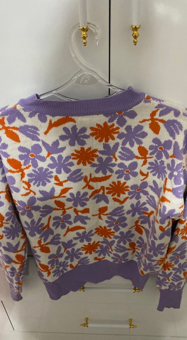 Çiçek Desenli Mor Örgü Kadın Kazak - Görsel 2