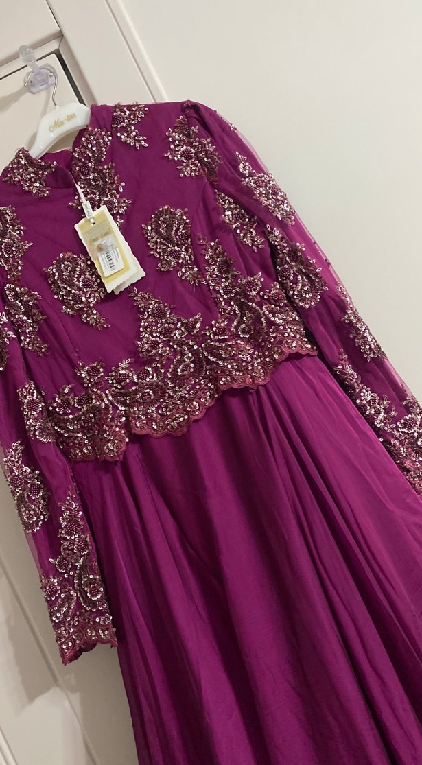 Bordo Nakışlı Uzun Kollu Kadın Abiye - Görsel 4