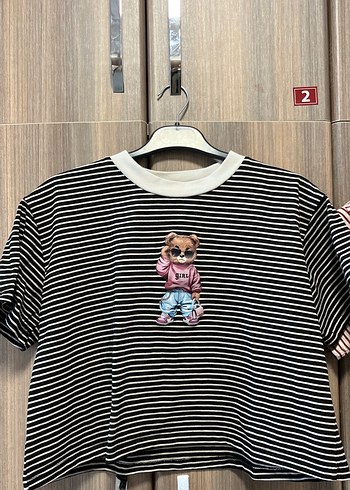 Kız Çocuk Çizgili Nakışlı Kısa Kollu Tişört - Görsel 2