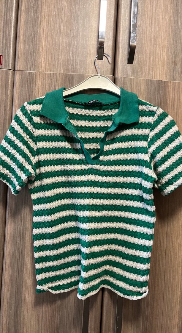 Kadın Renkli Çizgili Örgü Kısa Kollu Kazak - Görsel 2