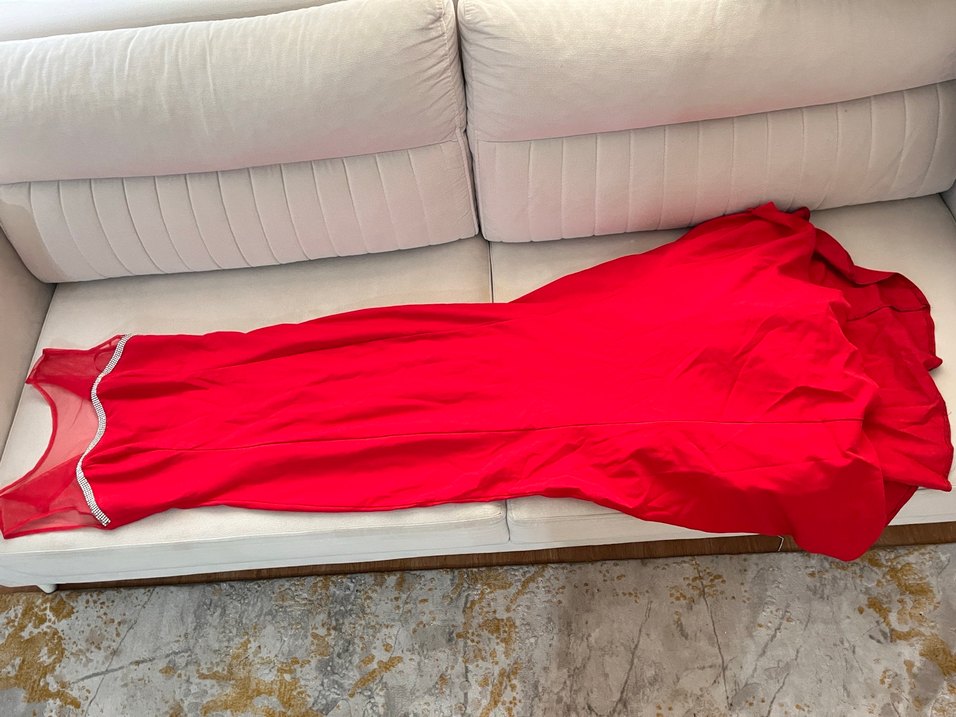 Kırmızı Drapeli Uzun Abiye Elbise - Görsel 2