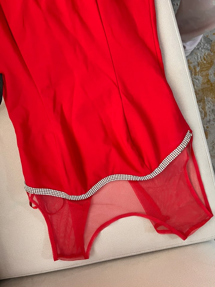 Kırmızı Drapeli Uzun Abiye Elbise - Görsel 4