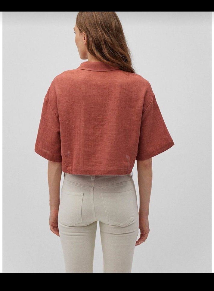 V Yaka Kısa Kollu Kadın Crop Top - Görsel 4