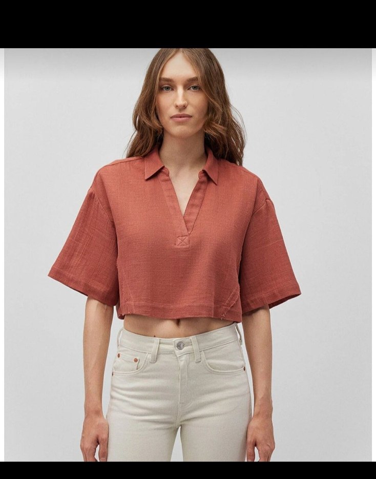 V Yaka Kısa Kollu Kadın Crop Top - Görsel 2