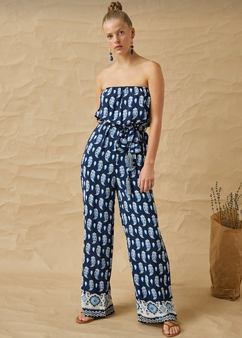 Kadın Lacivert Straplez Uzun Bol Paça Tulum - Görsel 2