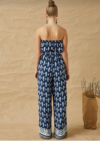 Kadın Lacivert Straplez Uzun Bol Paça Tulum - Görsel 3