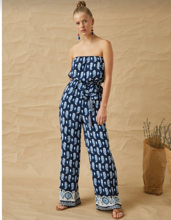 Kadın Lacivert Straplez Uzun Bol Paça Tulum - Görsel 2