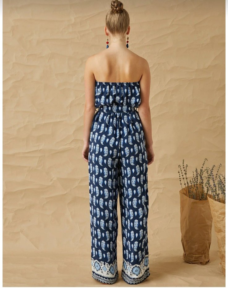 Kadın Lacivert Straplez Uzun Bol Paça Tulum - Görsel 3