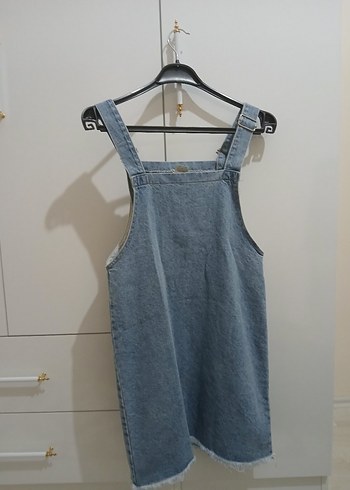 Mavi Kot Midi Askılı Elbise - Görsel 3