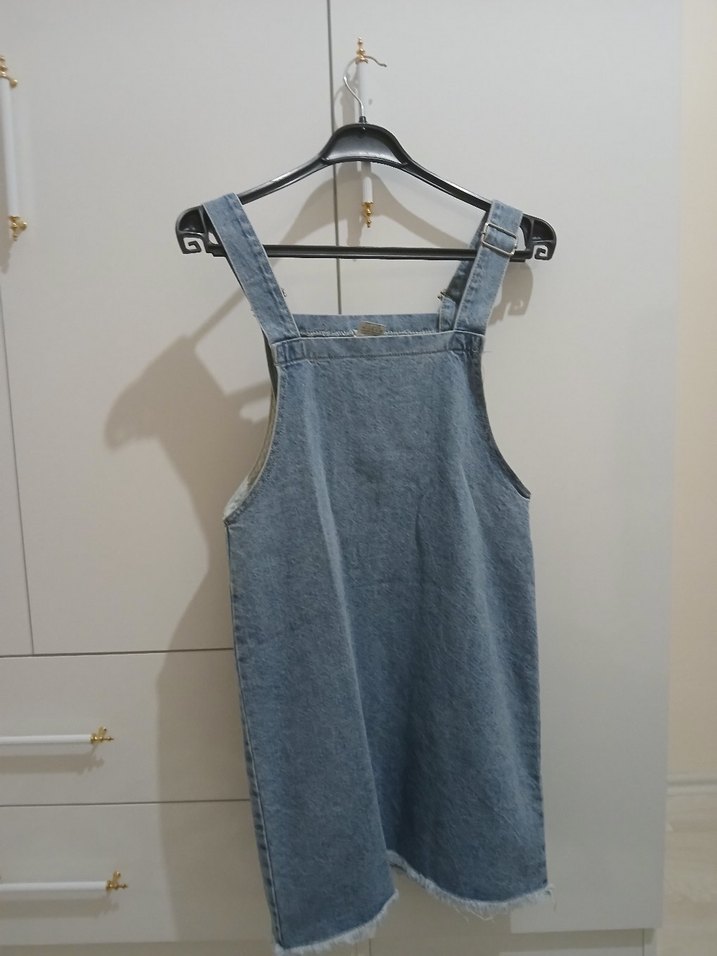 Mavi Kot Midi Askılı Elbise - Görsel 3