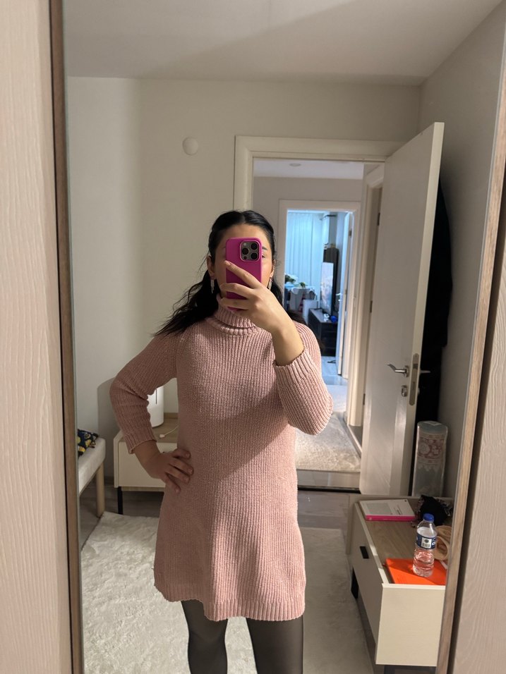 Pembe Triko Boğazlı Midi Kadın Kazak - Görsel 3