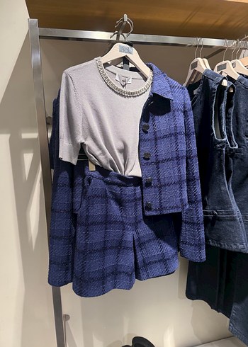 Düğmeli Mavi Kareli Midi Kadın Ceket takım şortlu - Görsel 5