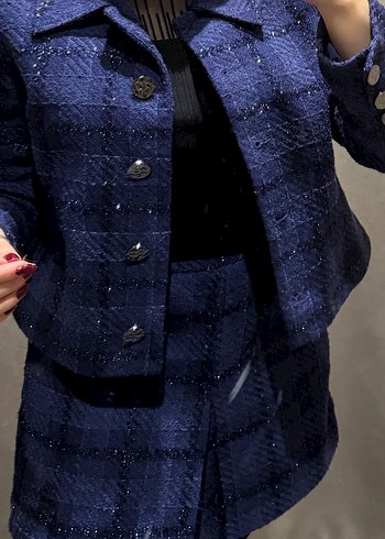 Düğmeli Mavi Kareli Midi Kadın Ceket takım şortlu - Görsel 3