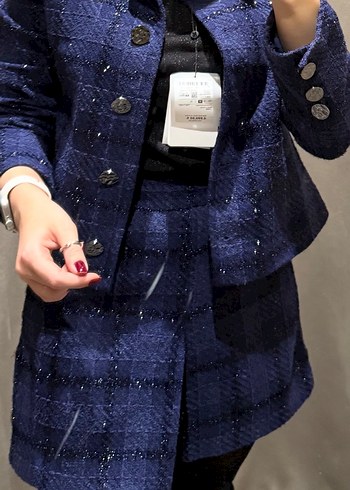 Düğmeli Mavi Kareli Midi Kadın Ceket takım şortlu - Görsel 2