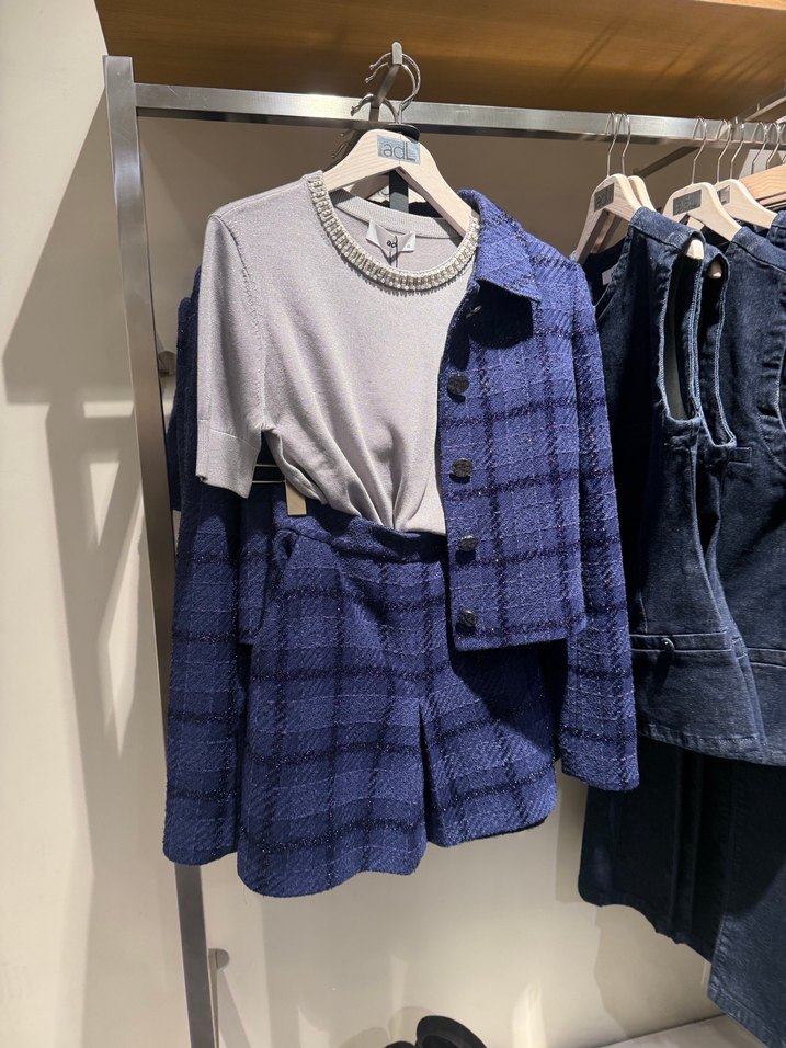 Düğmeli Mavi Kareli Midi Kadın Ceket takım şortlu - Görsel 5