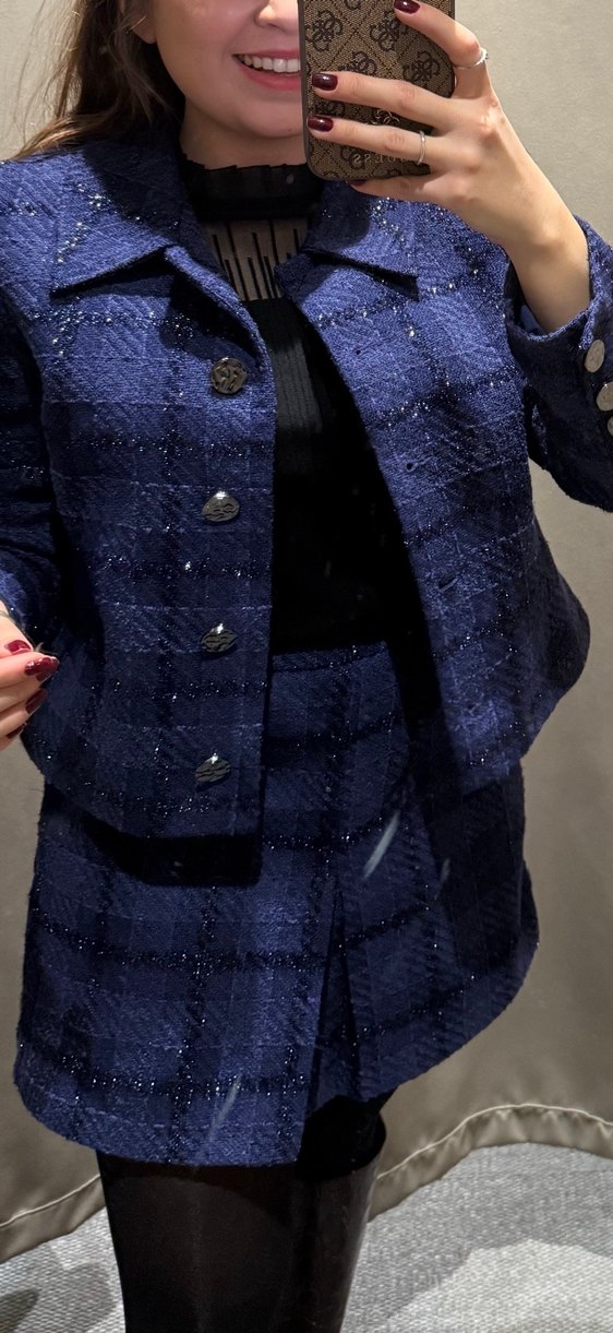 Düğmeli Mavi Kareli Midi Kadın Ceket takım şortlu - Görsel 3