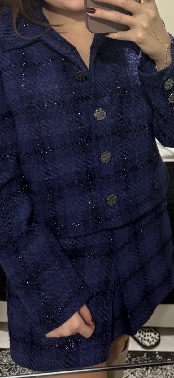 Düğmeli Mavi Kareli Midi Kadın Ceket takım şortlu - Görsel 4