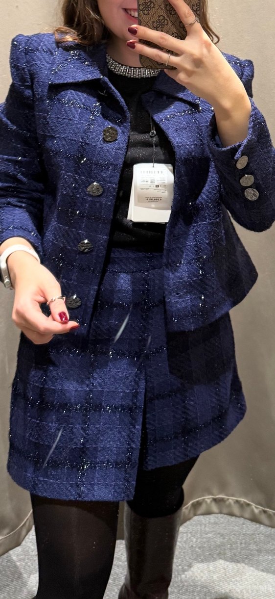 Düğmeli Mavi Kareli Midi Kadın Ceket takım şortlu - Görsel 2