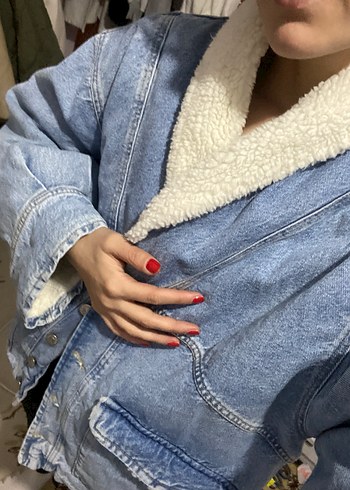 Kadın Mavi Bağlama Desenli Düğmeli Denim Ceket - Görsel 3