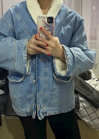 Kadın Mavi Bağlama Desenli Düğmeli Denim Ceket - Görsel 2