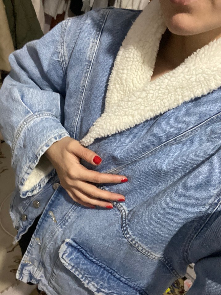 Kadın Mavi Bağlama Desenli Düğmeli Denim Ceket - Görsel 3