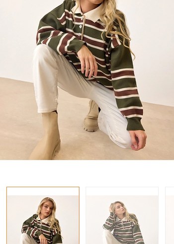 Çizgili Salaş Triko Kadın Kazak - Görsel 3