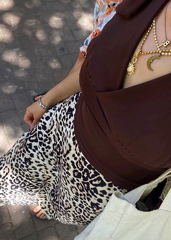 Kahverengi  Saten Leopar Etek - Görsel 2