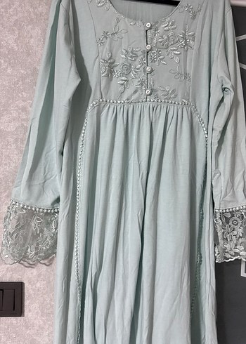 Nakışlı Uzun Turkuaz hamile Elbise - Görsel 4