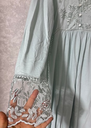 Nakışlı Uzun Turkuaz hamile Elbise - Görsel 3