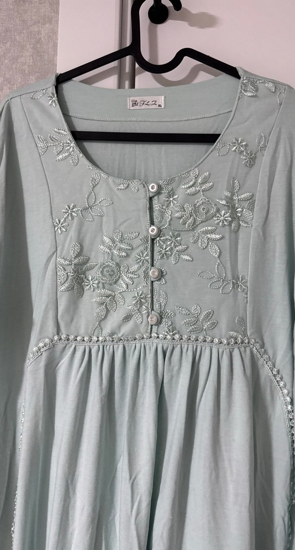 Nakışlı Uzun Turkuaz hamile Elbise - Görsel 2