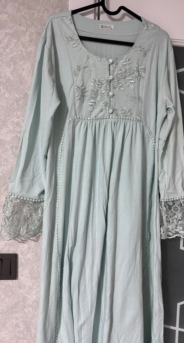 Nakışlı Uzun Turkuaz hamile Elbise - Görsel 4