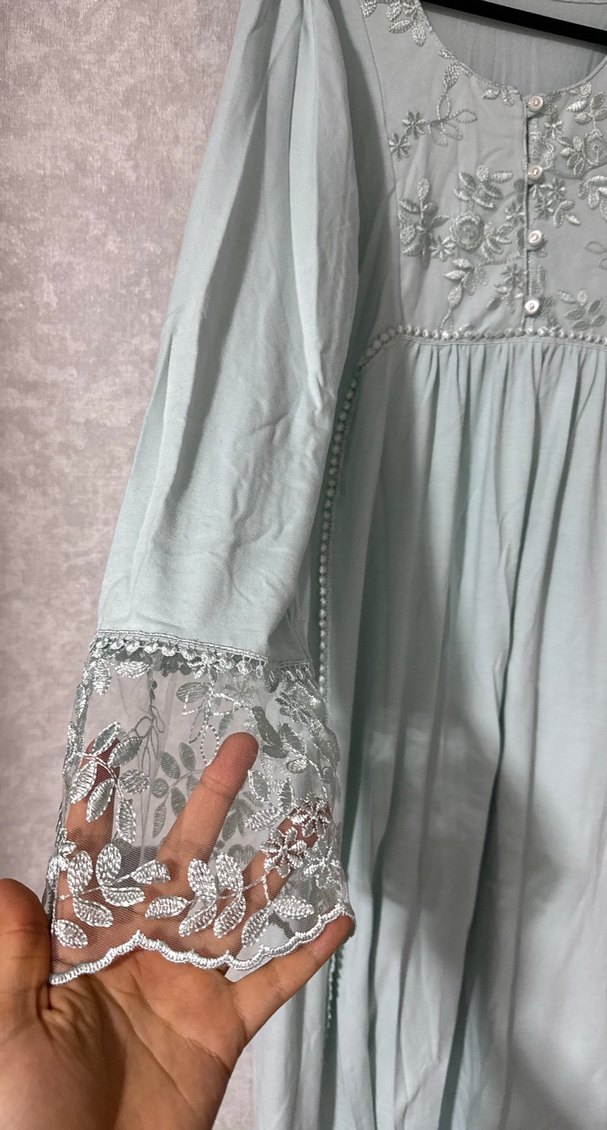 Nakışlı Uzun Turkuaz hamile Elbise - Görsel 3